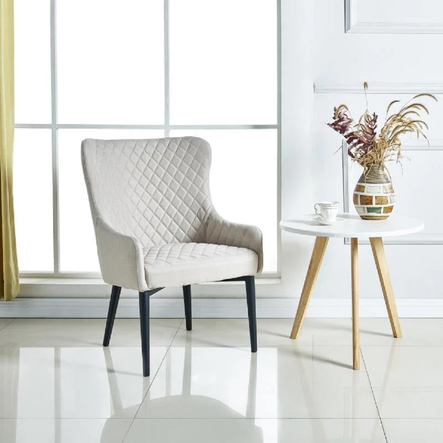 28" Beige and Black Fabric Wingback Chair