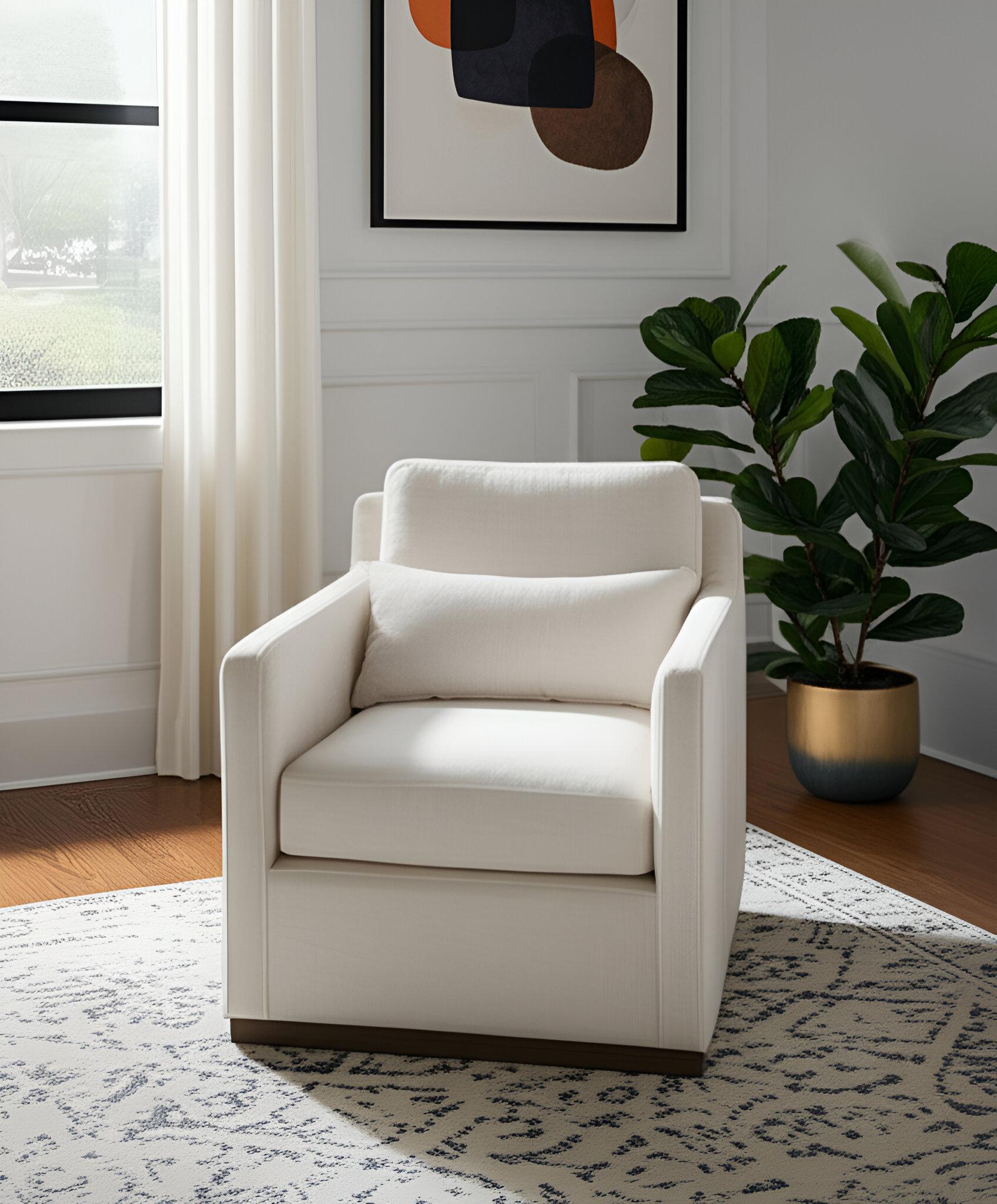 30" Off White Fabric Swivel Club Chair And Toss Pillow