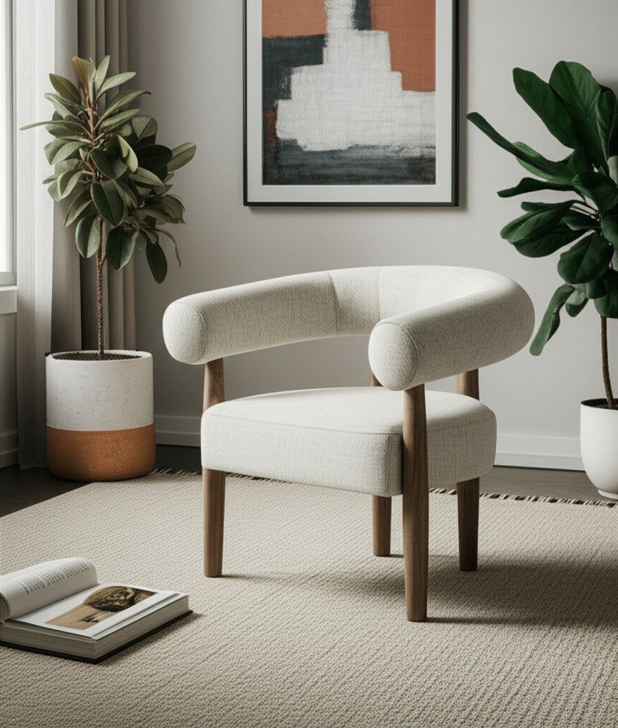 29" Off White and Ash Gray Fabric And Wood Arm Chair