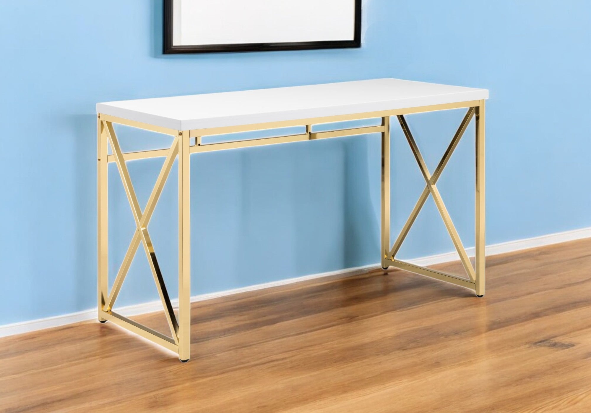 47" White and Gold Wood and Metal Computer Desk