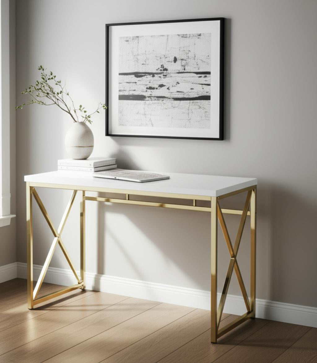 47" White and Gold Wood and Metal Computer Desk