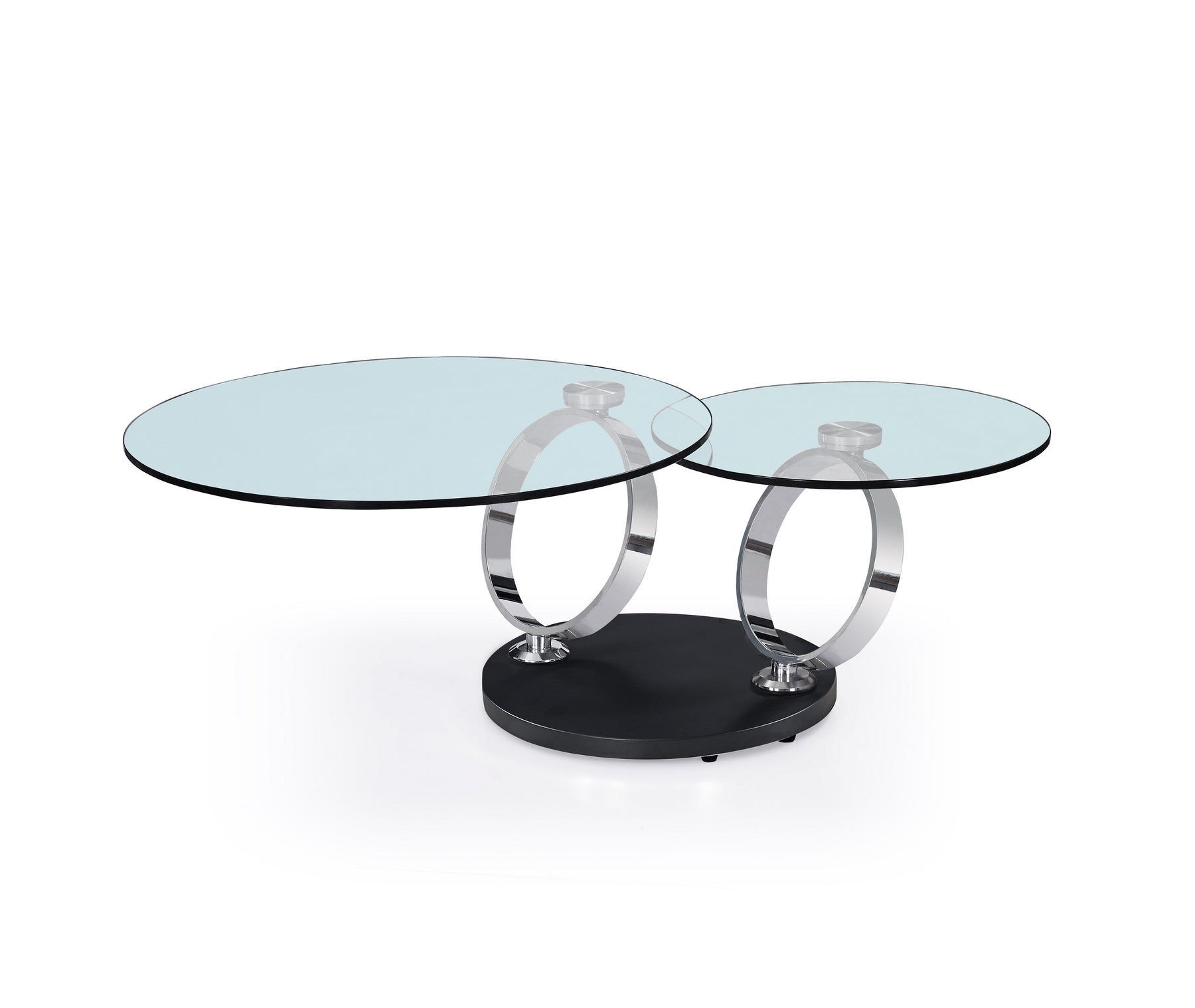 32" Clear Black and Silver Glass And Metal Round Abstract Coffee Table