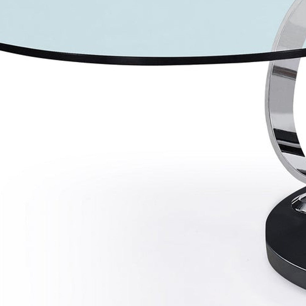 32" Clear Black and Silver Glass And Metal Round Abstract Coffee Table