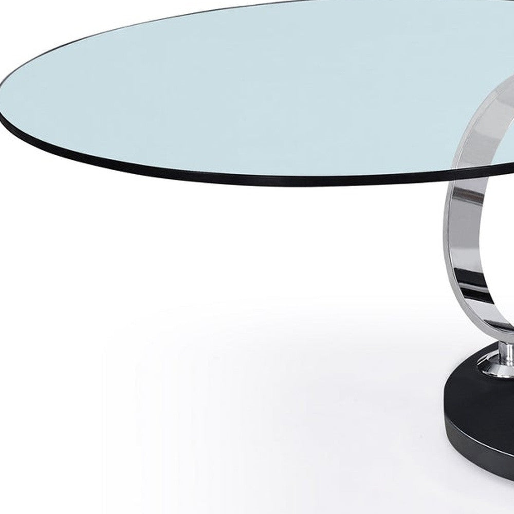 32" Clear Black and Silver Glass And Metal Round Abstract Coffee Table