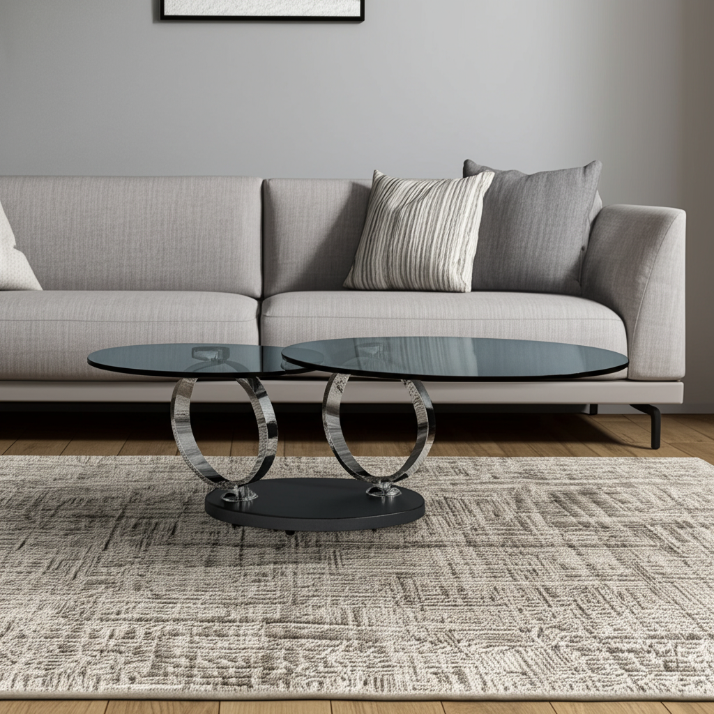 32" Clear Black and Silver Glass And Metal Round Abstract Coffee Table