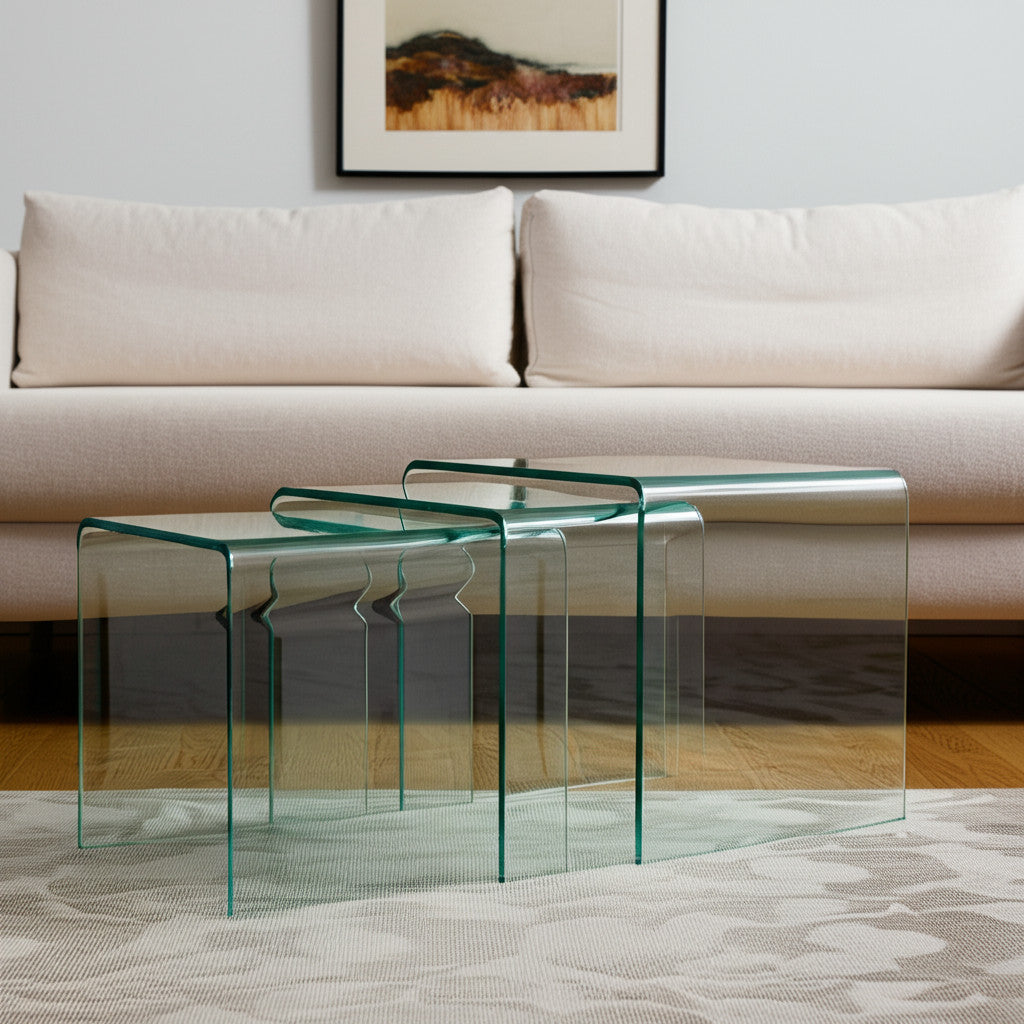 Set of Three Clear Glass Solid Nested Coffee Tables