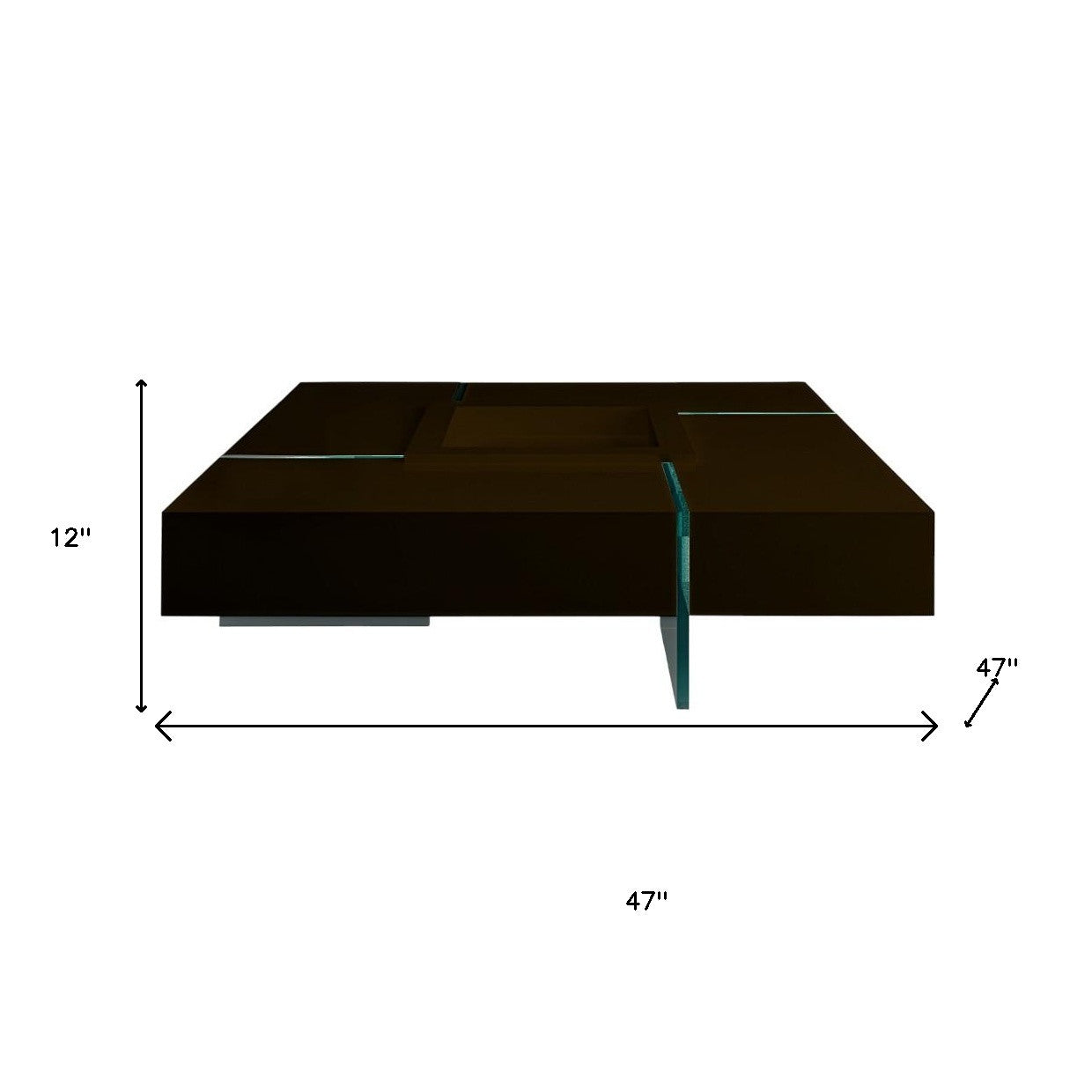 47" Dark Brown and Clear Wood and Glass Square Low Coffee Table