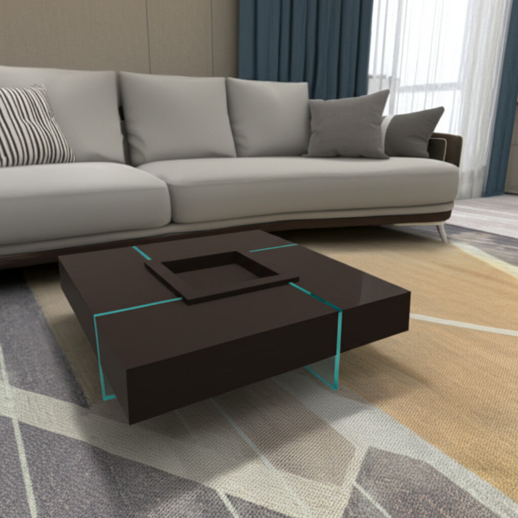 47" Dark Brown and Clear Wood and Glass Square Low Coffee Table