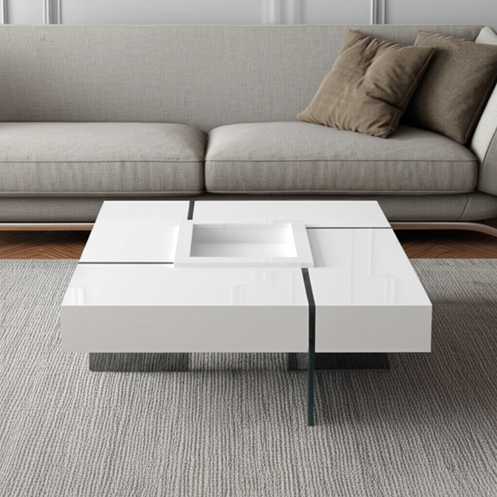 47" White And Clear Wood And Glass Square Sled Coffee Table