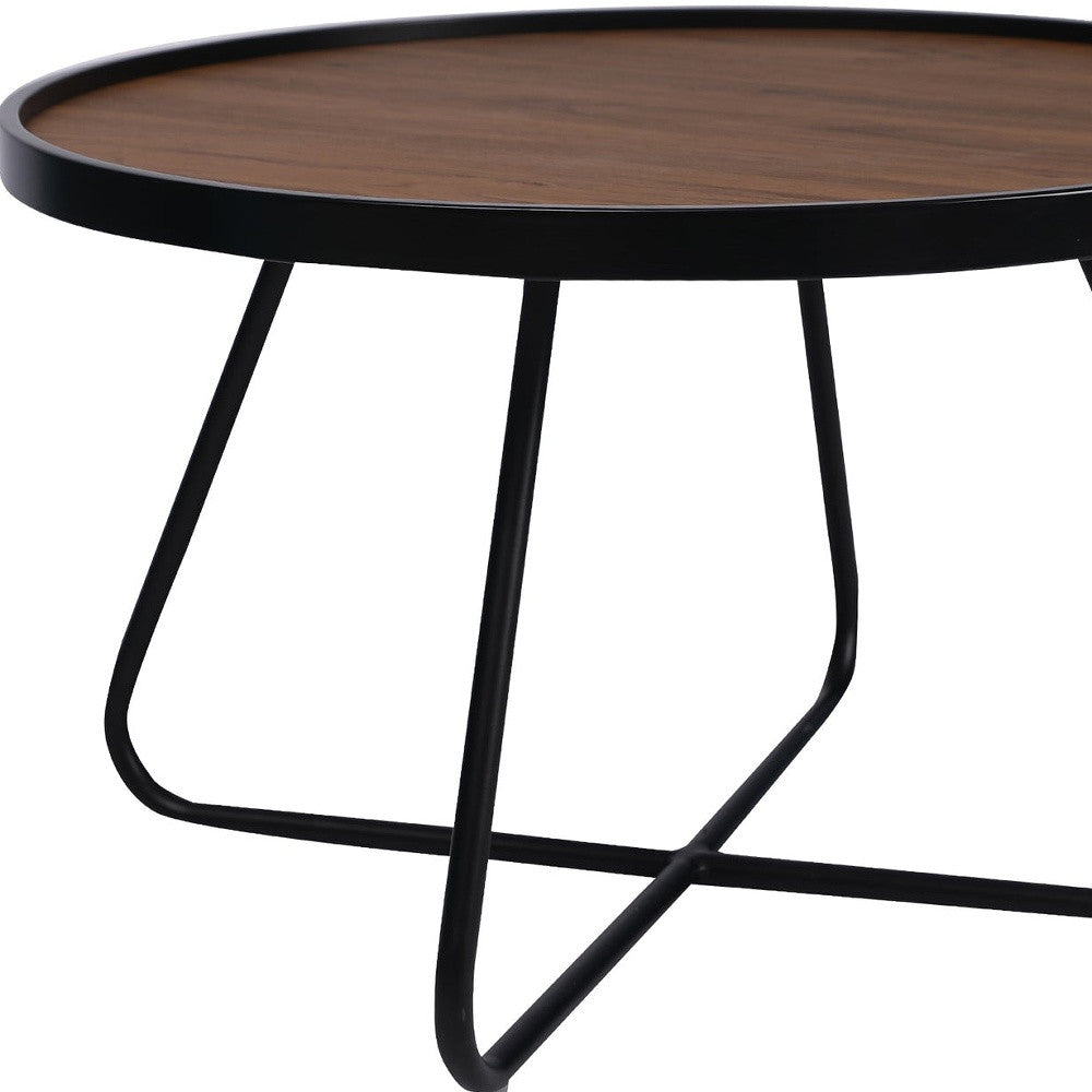 28" Brown and Black Wood and Metal Round Cross Legs Coffee Table
