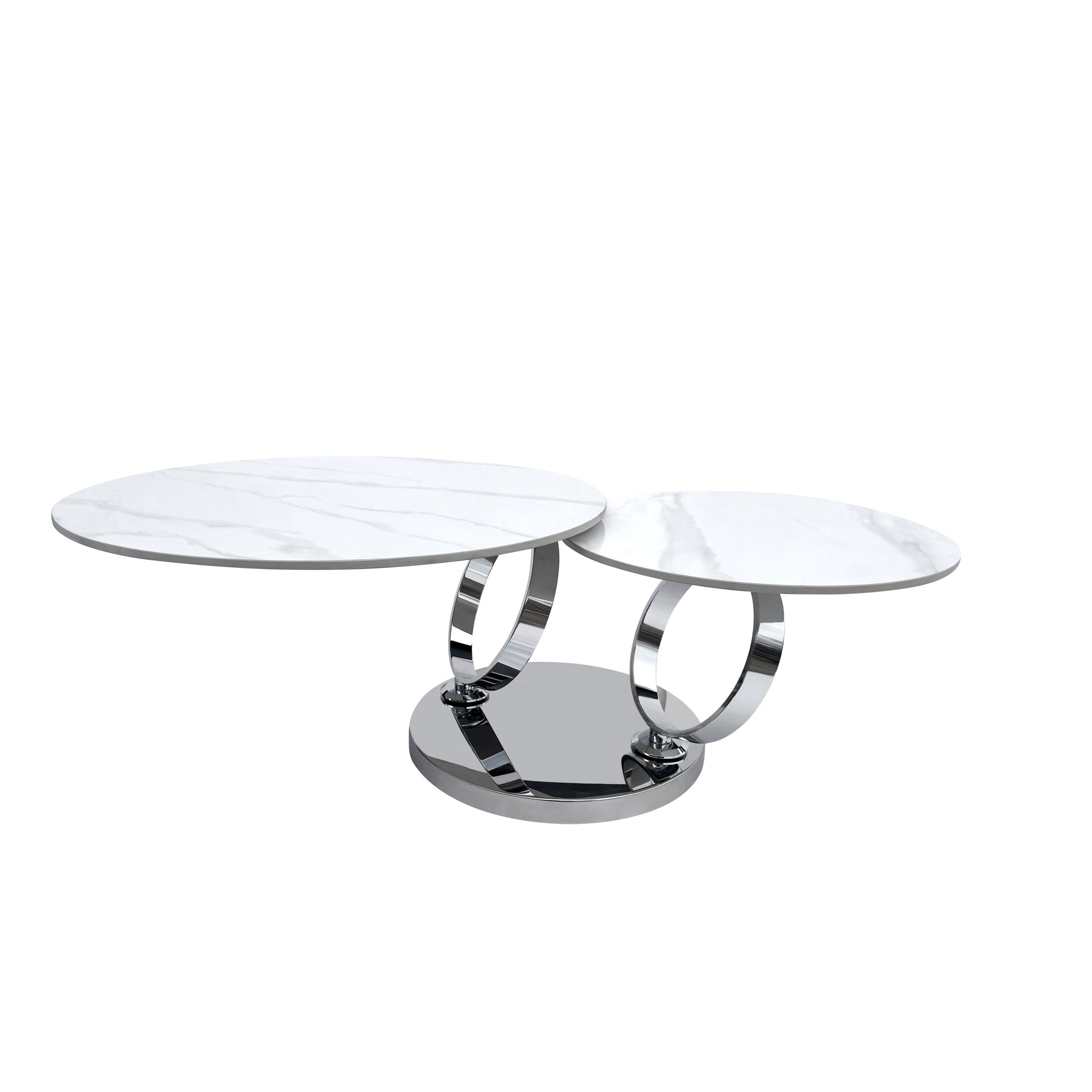 32" White And Silver Ceramic Tile And Metal Round Abstract Coffee Table