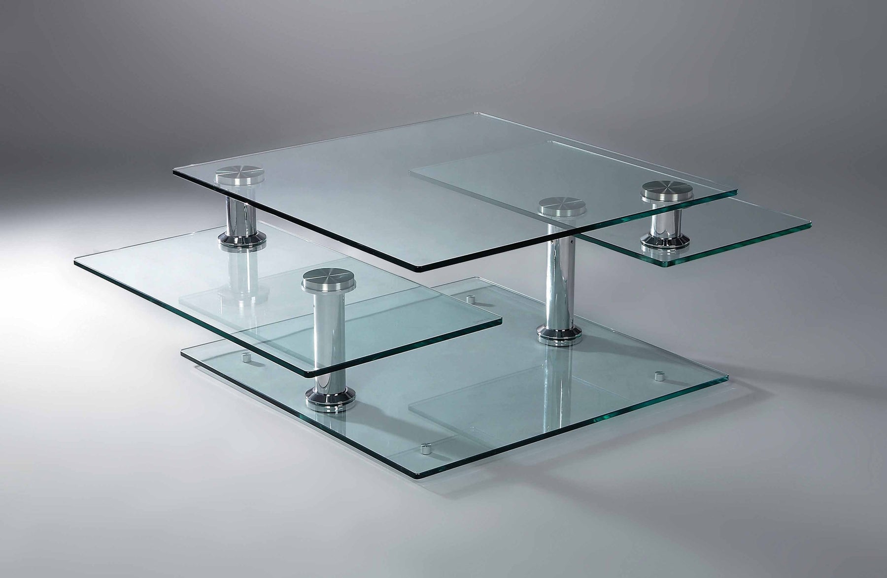 32" Clear and Silver Glass and Metal Coffee Table With Three Shelves