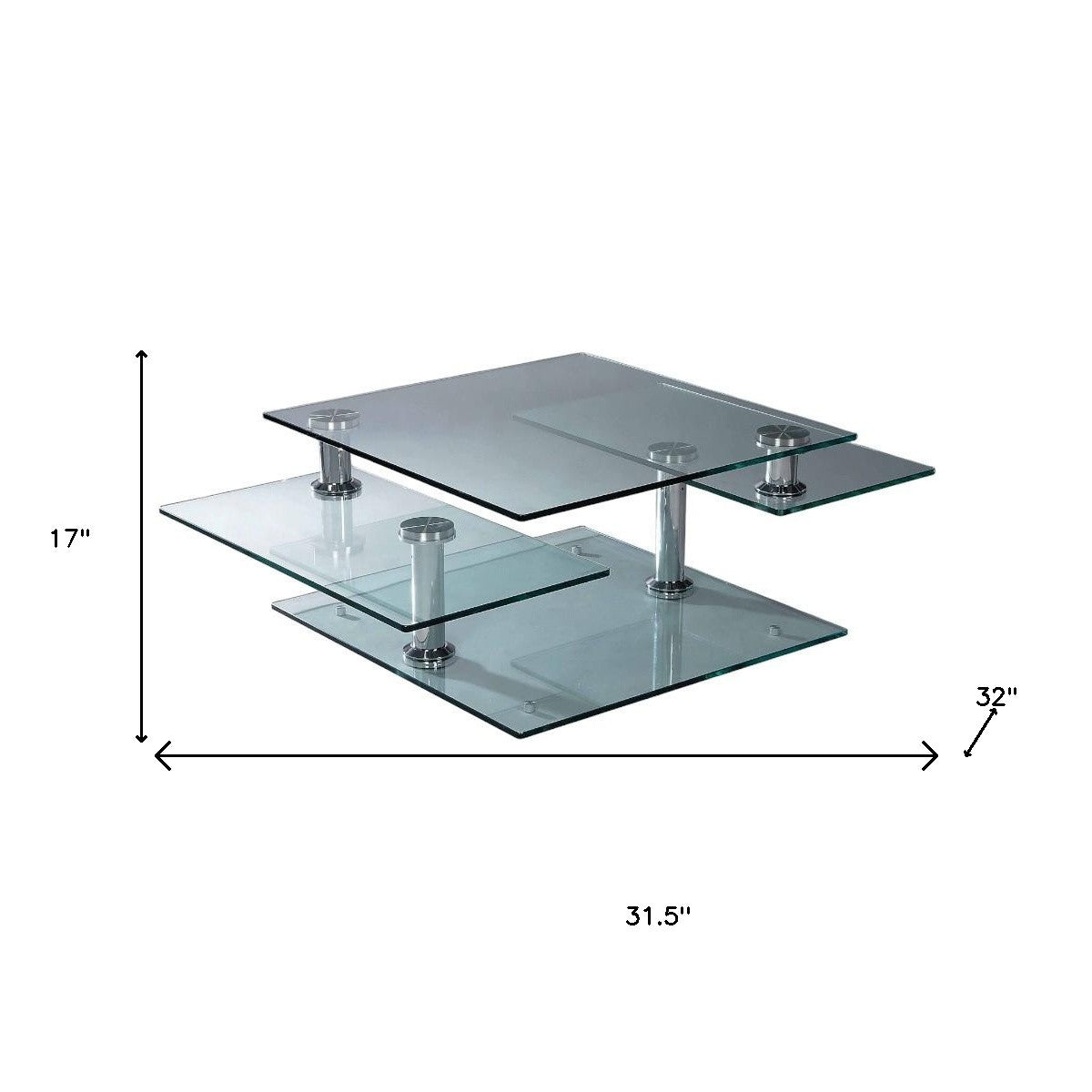 32" Clear and Silver Glass and Metal Coffee Table With Three Shelves