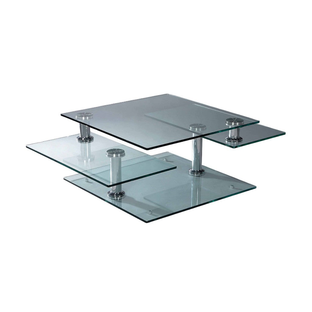 32" Clear and Silver Glass and Metal Coffee Table With Three Shelves
