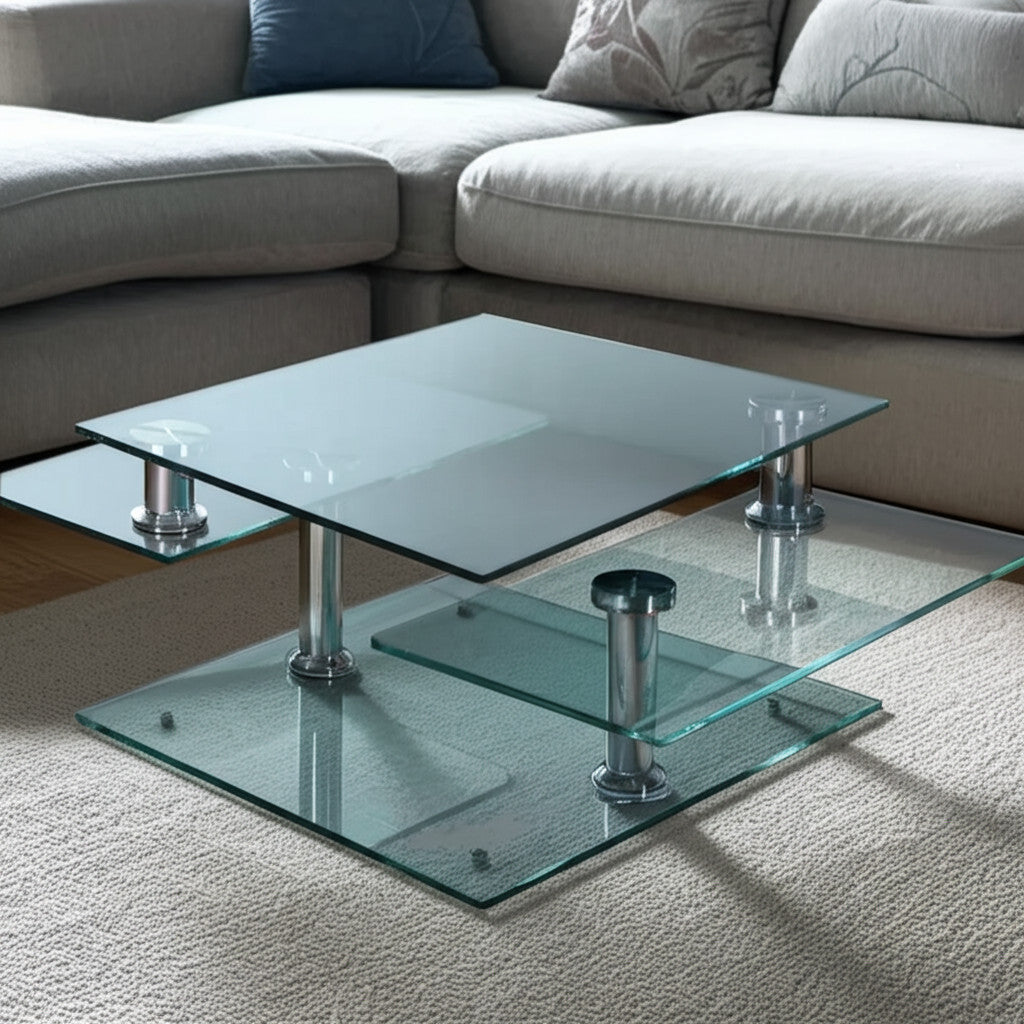 32" Clear and Silver Glass and Metal Coffee Table With Three Shelves