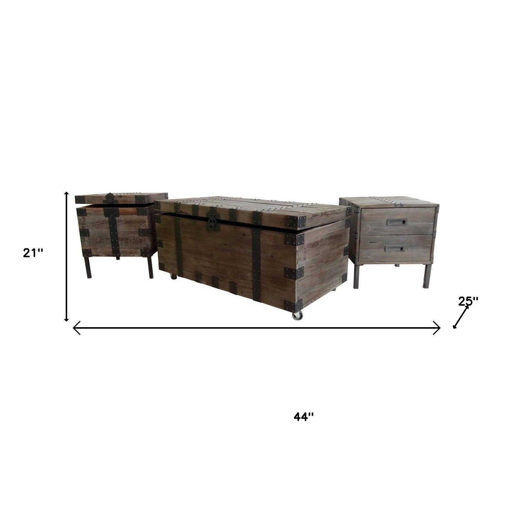 Set of Three Brown Wood and Metal Distressed Trunk Coffee Table and End Side Tables