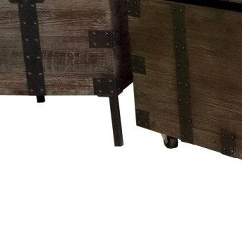 Set of Three Brown Wood and Metal Distressed Trunk Coffee Table and End Side Tables