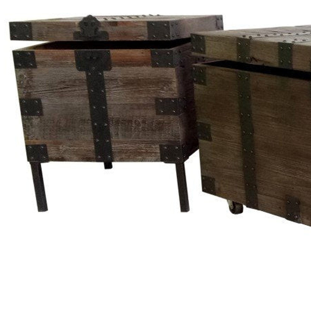 Set of Three Brown Wood and Metal Distressed Trunk Coffee Table and End Side Tables