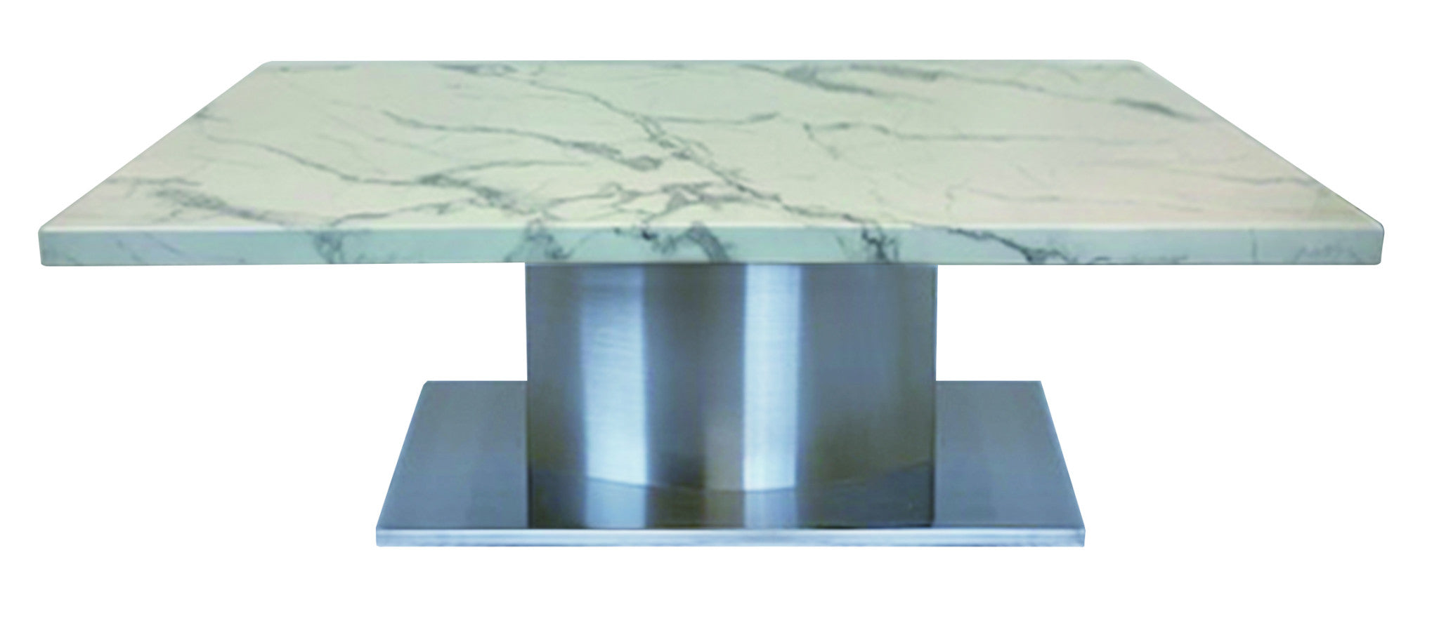 51" White And Silver Genuine Marble And Stainless Steel Pedestal Coffee Table