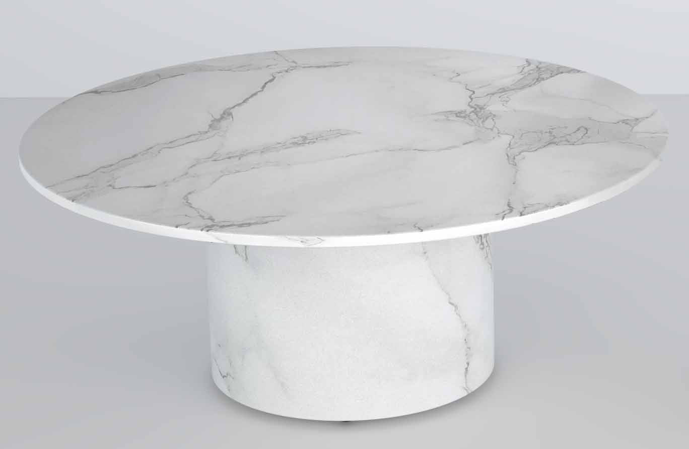35" White Genuine Marble And Wood Round Pedestal Coffee Table