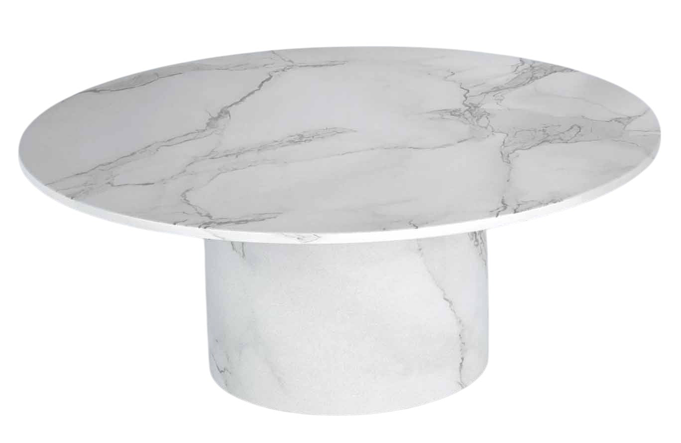 35" White Genuine Marble And Wood Round Pedestal Coffee Table