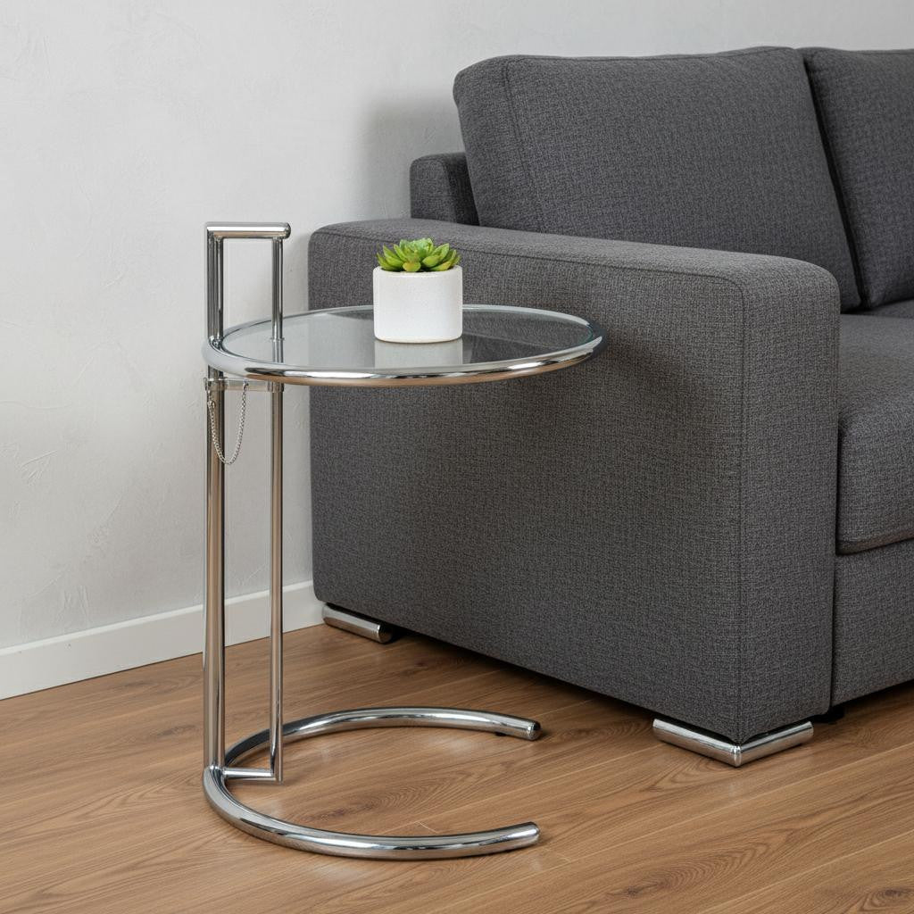 25" Silver And Clear Metal And Glass Height Adjustable Round End Table