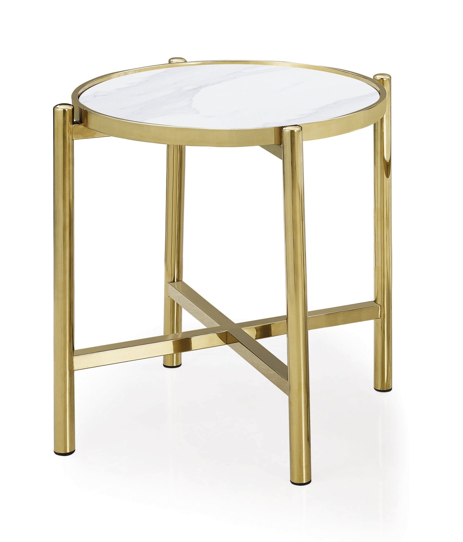 22" Gold And White Faux Marble Ceramic and Metal Cross Legs Round End Table