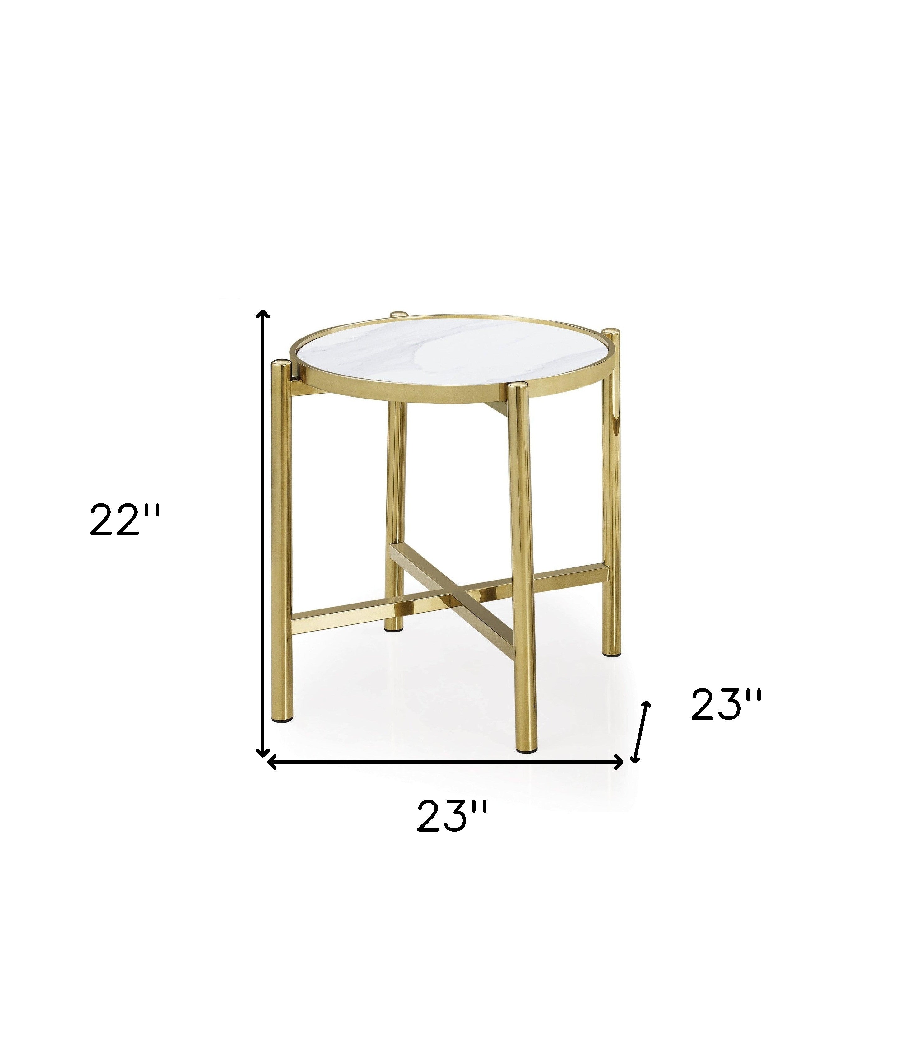 22" Gold And White Faux Marble Ceramic and Metal Cross Legs Round End Table