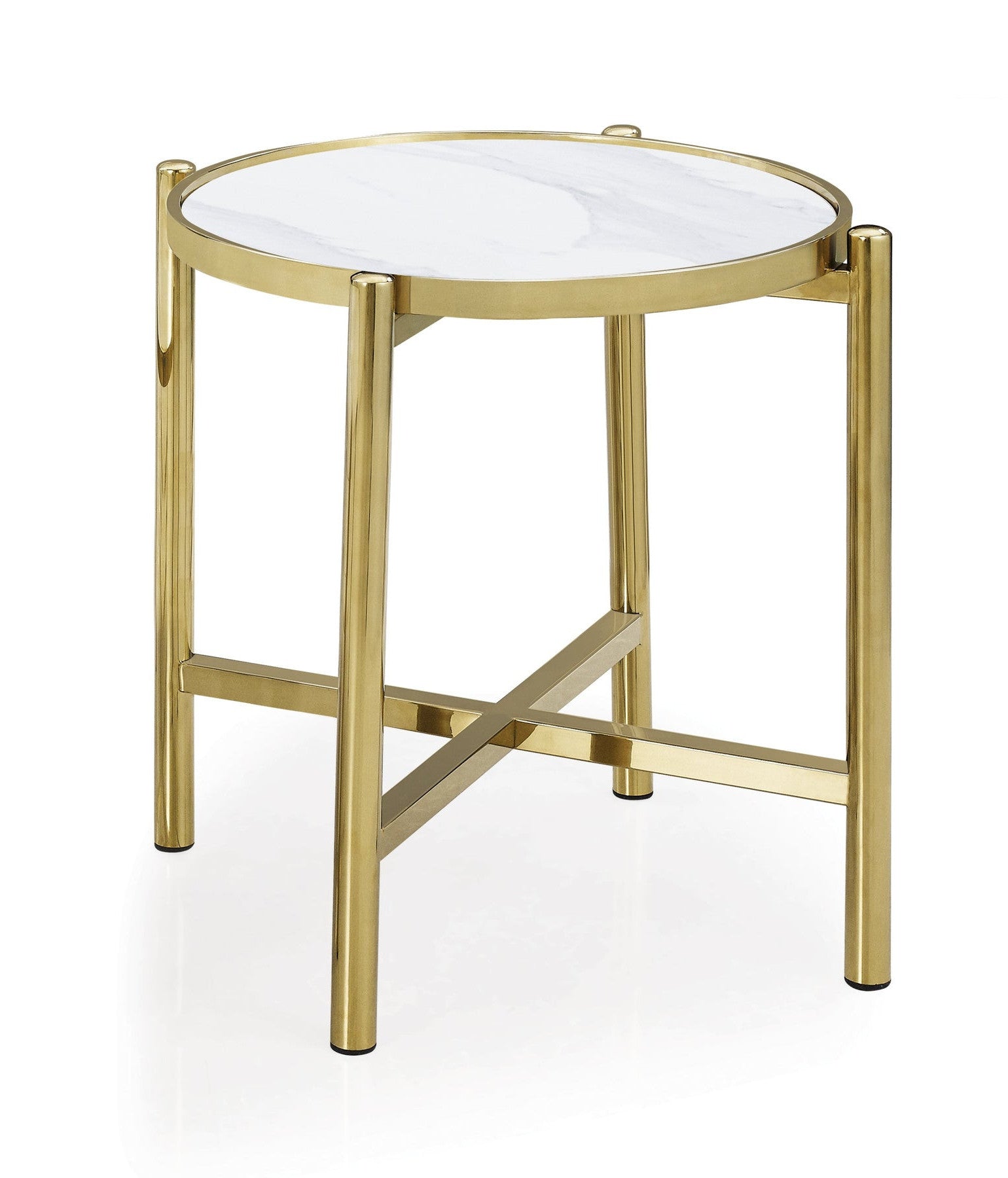 22" Gold And White Faux Marble Ceramic and Metal Cross Legs Round End Table