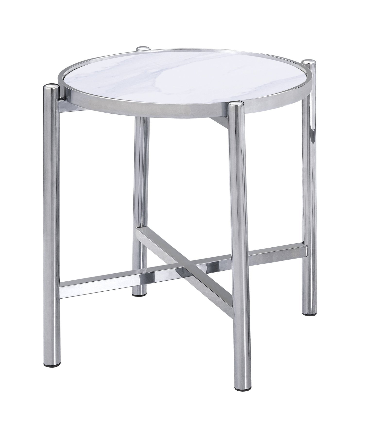 22" Silver And White Faux Marble Ceramic and Metal Cross Legs Round End Table