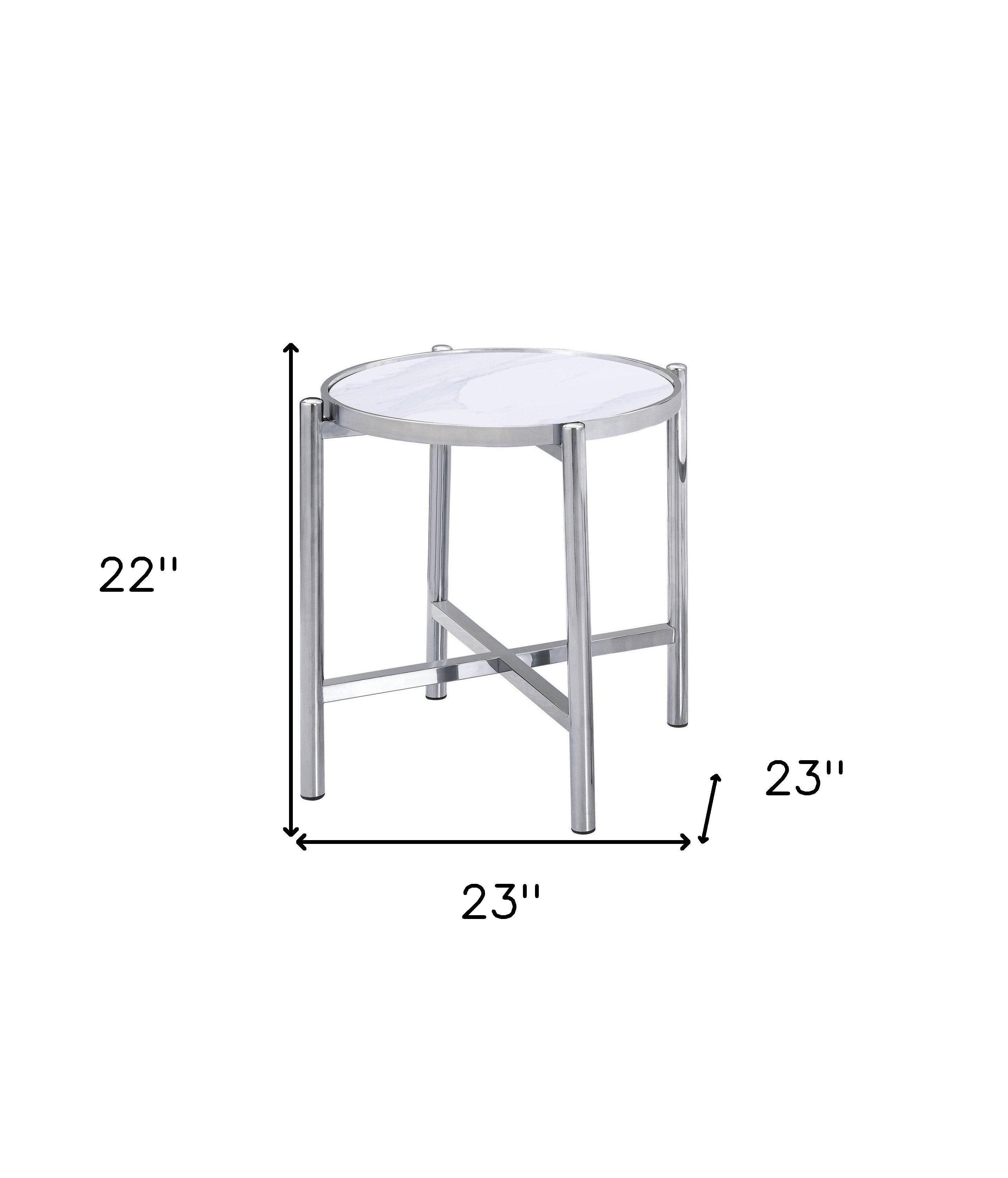 22" Silver And White Faux Marble Ceramic and Metal Cross Legs Round End Table