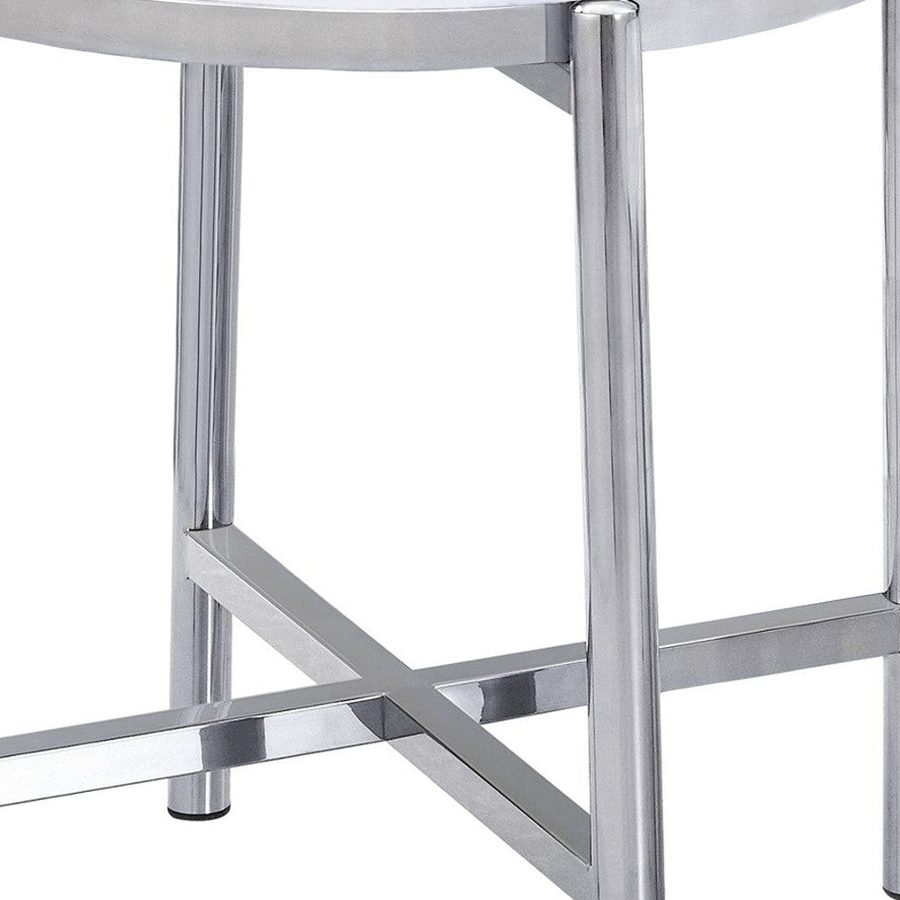 22" Silver And White Faux Marble Ceramic and Metal Cross Legs Round End Table