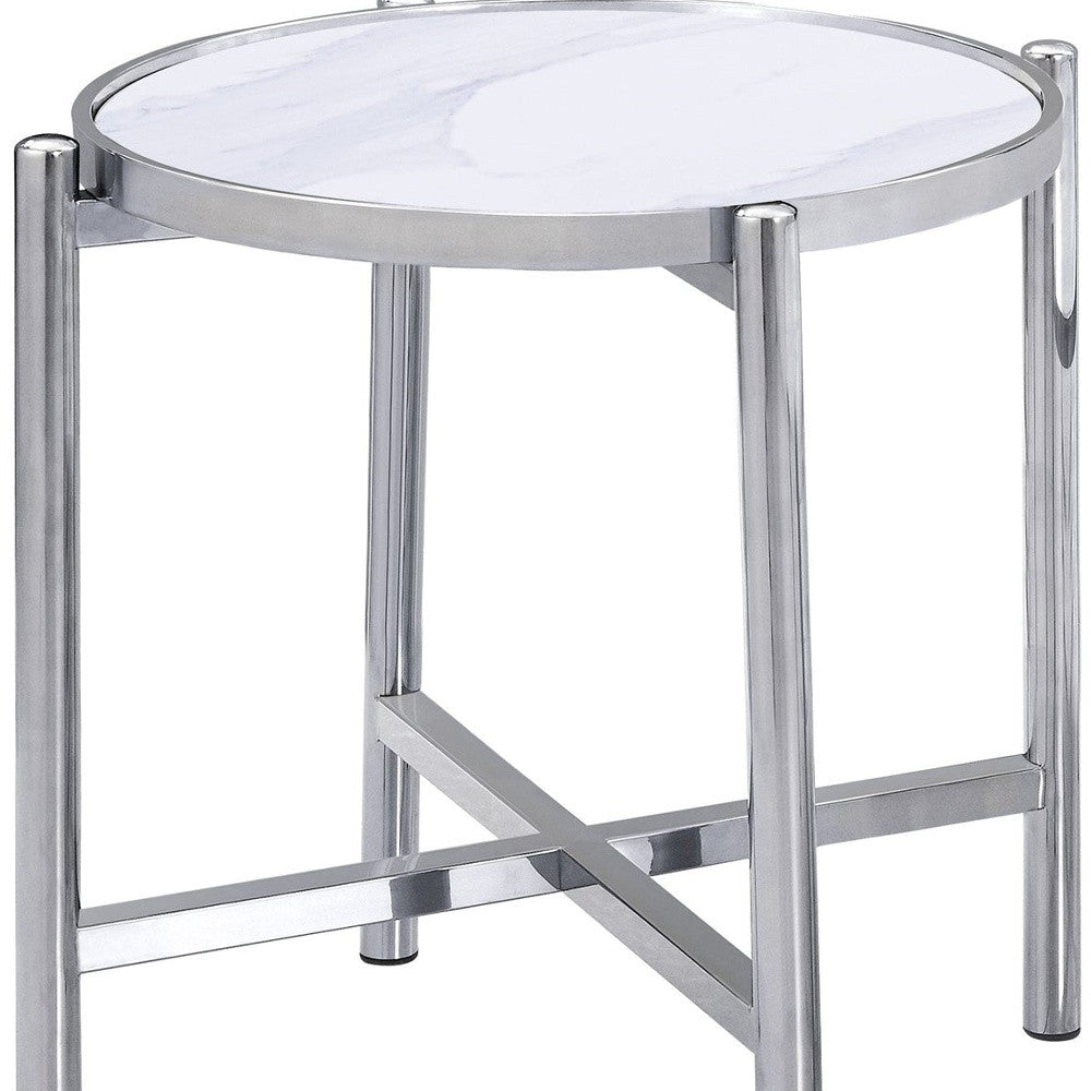 22" Silver And White Faux Marble Ceramic and Metal Cross Legs Round End Table