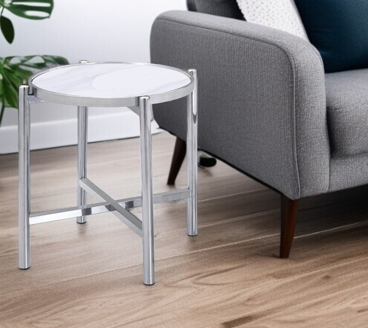 22" Silver And White Faux Marble Ceramic and Metal Cross Legs Round End Table