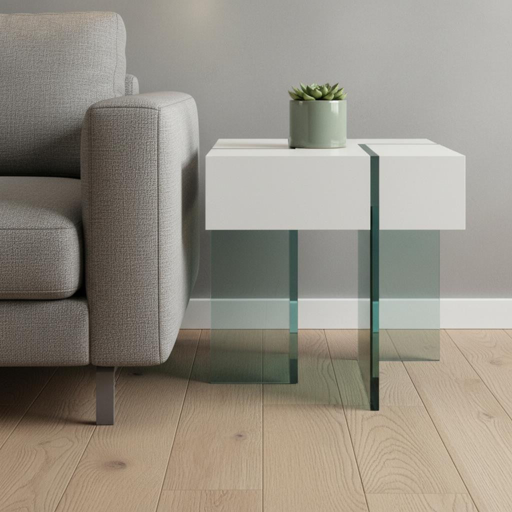 22" White And Clear Wood And Glass Square Sled End Table