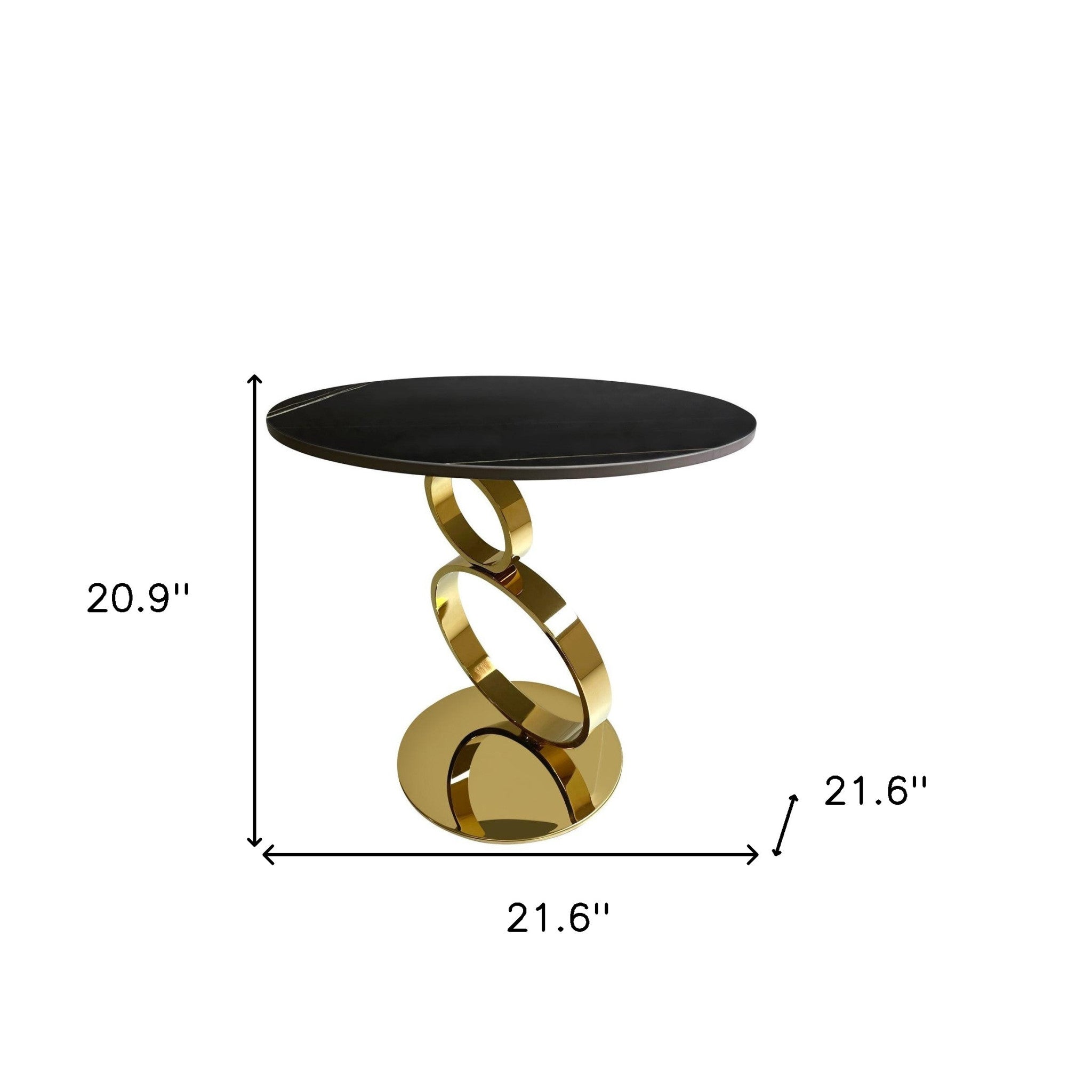 21" Black And Gold Stone And Stainless Steel Round Pedestal End Table
