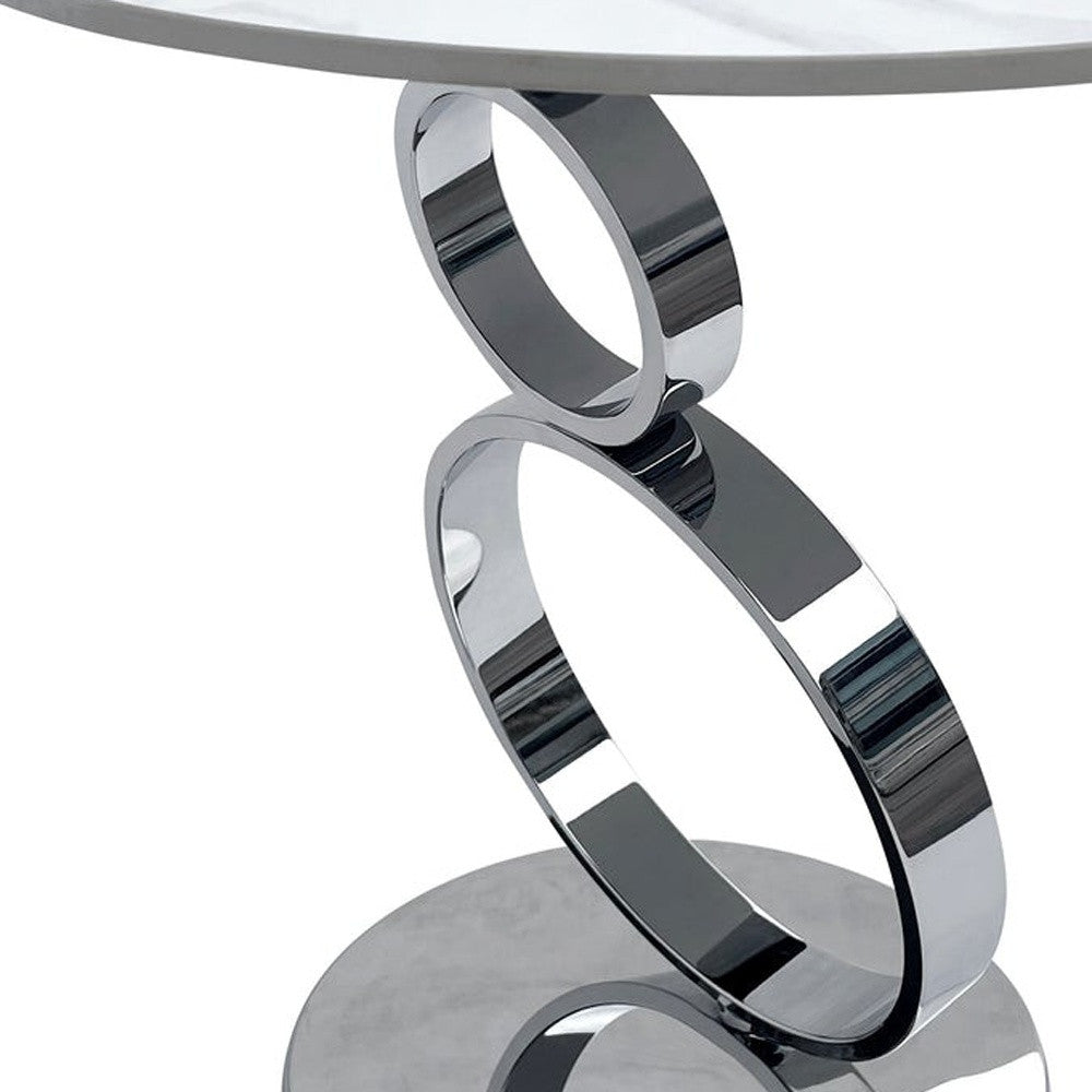 21" White And Silver Stone And Stainless Steel Round Pedestal End Table