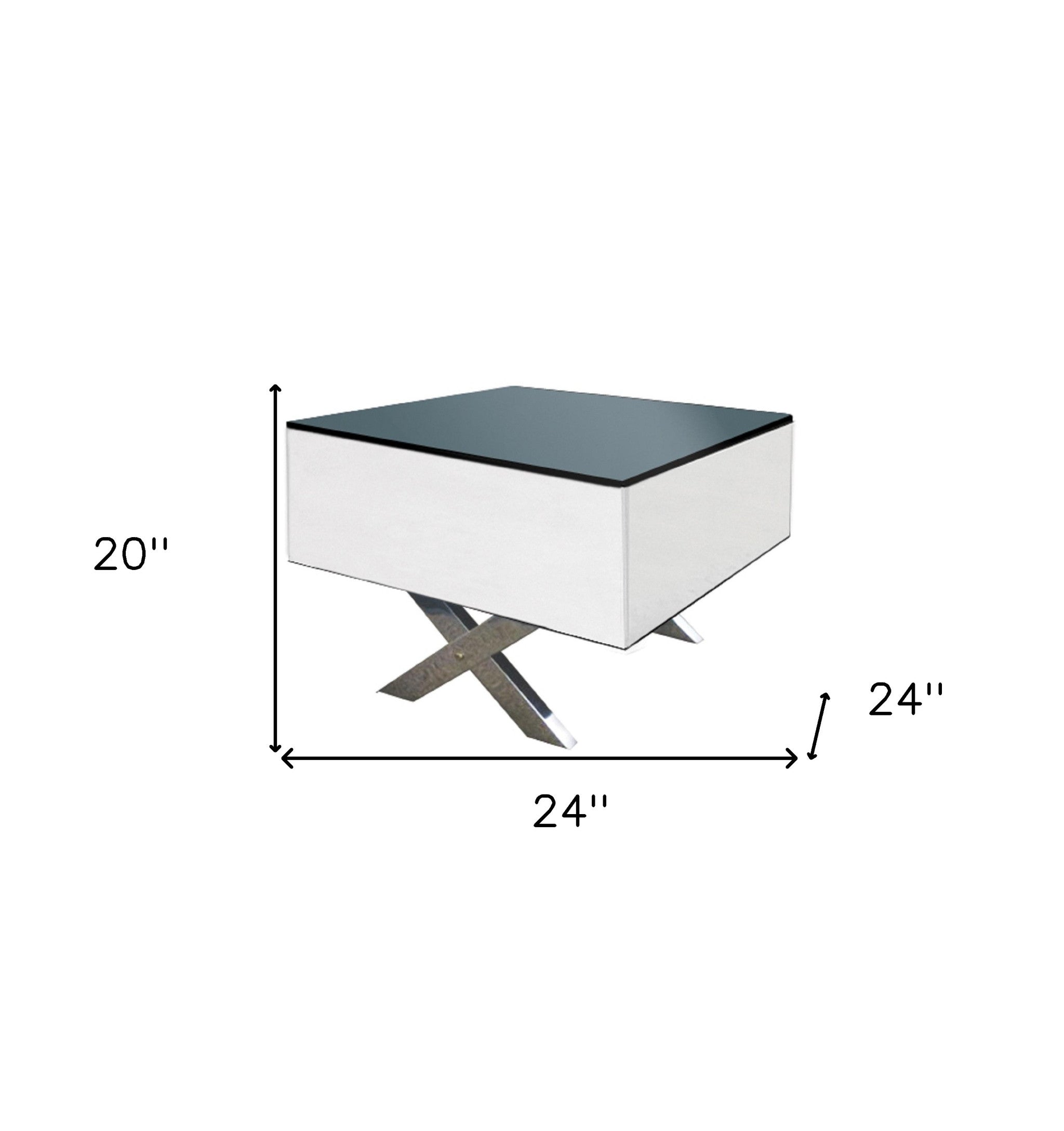 20" Black And White Mirrored Glass Square Cross Legs End Table