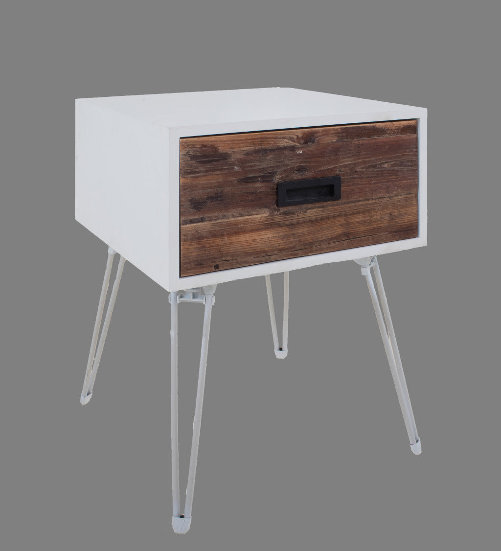 23" Brown And White Wood And Metal Square End Table With Drawer