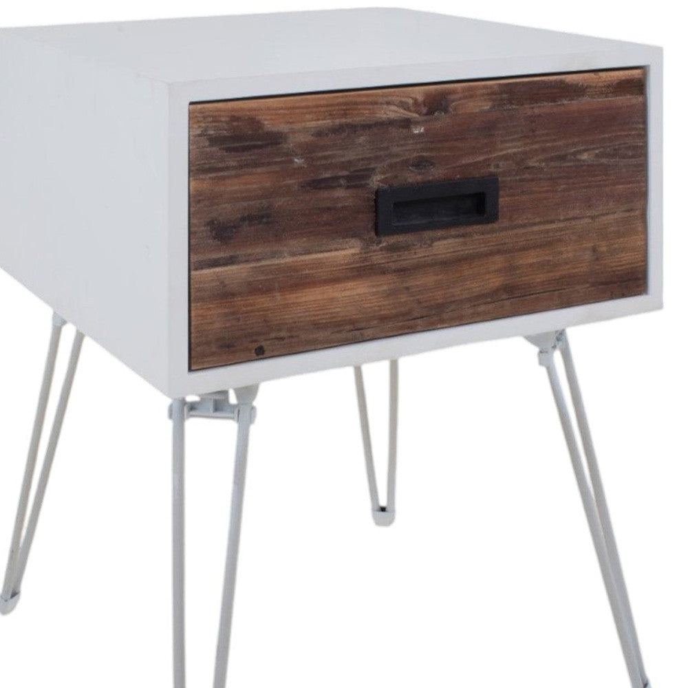 23" Brown And White Wood And Metal Square End Table With Drawer