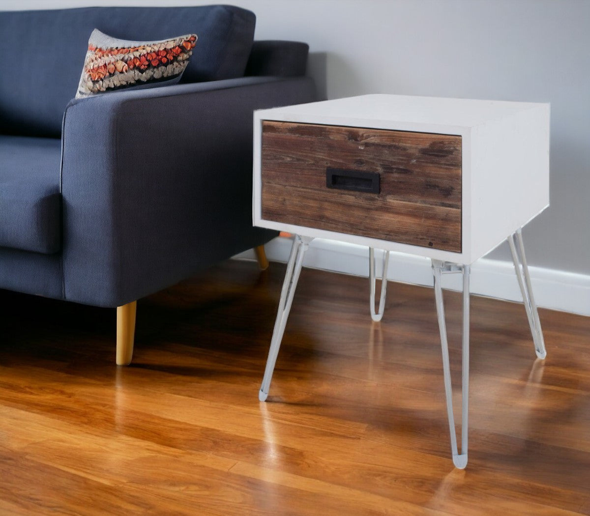 23" Brown And White Wood And Metal Square End Table With Drawer
