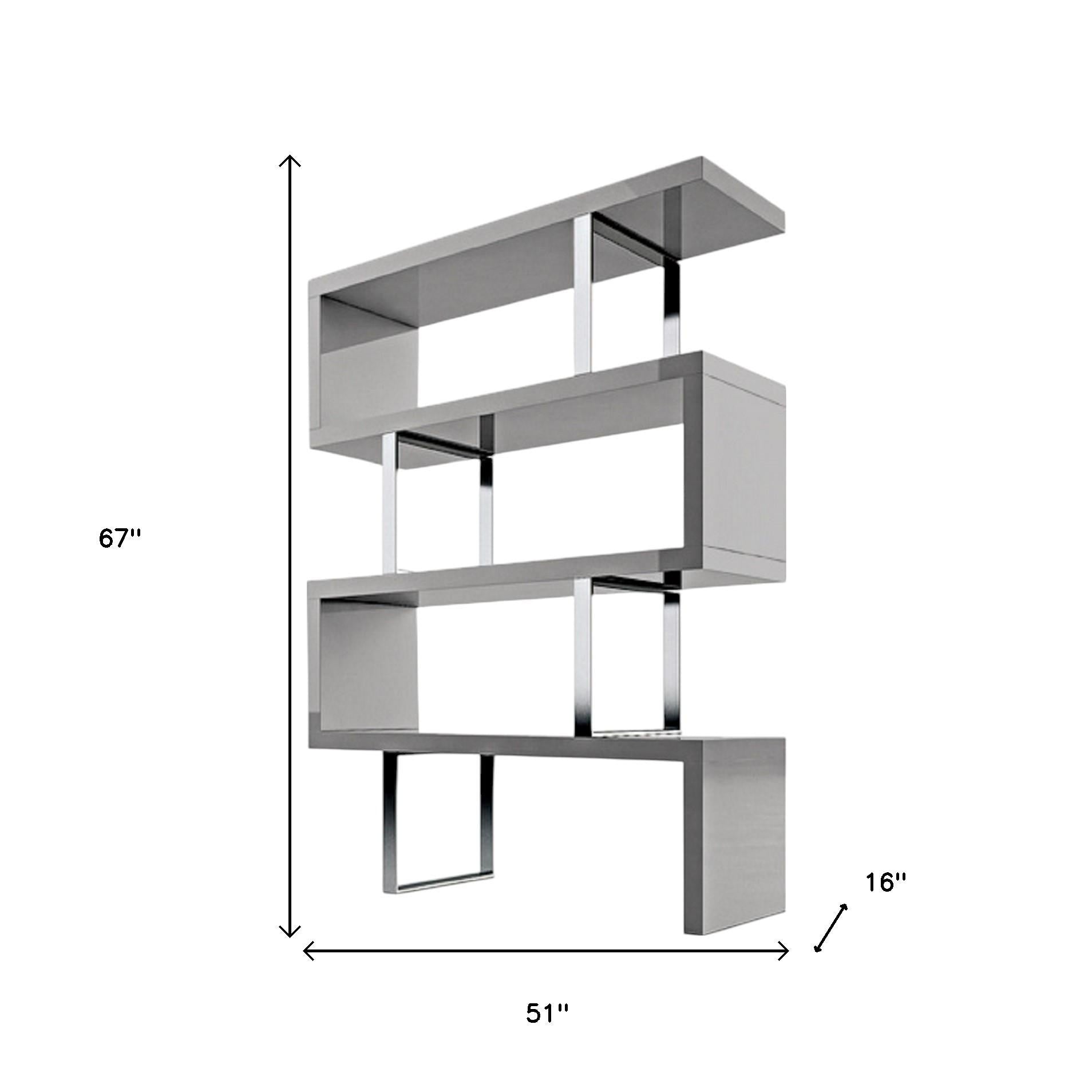 67" Gray And Silver Metal and Wood Three Tier Etagere Bookcase