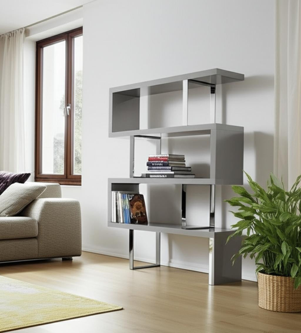 67" Gray And Silver Metal and Wood Three Tier Etagere Bookcase
