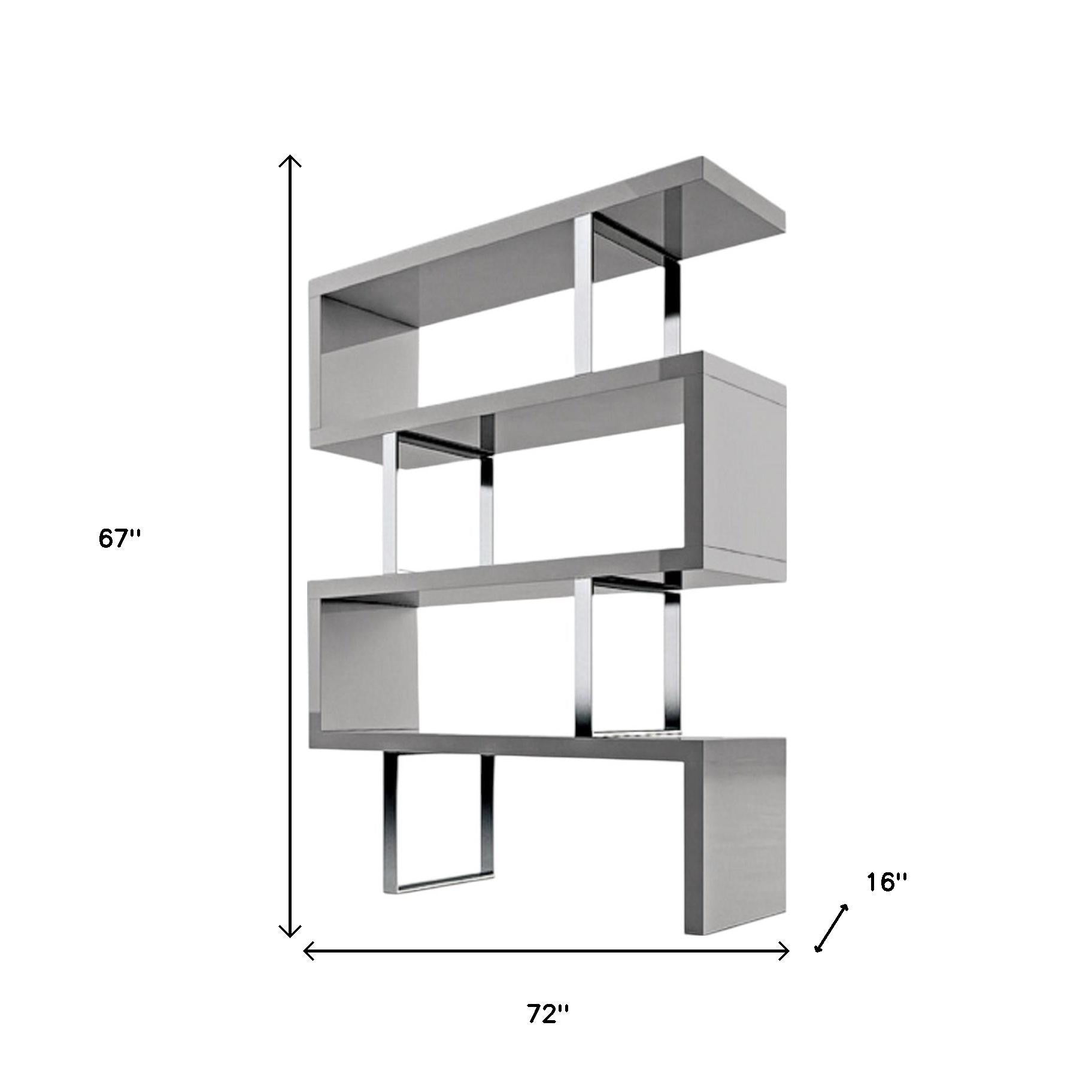 67" Gray And Silver Metal and Wood Three Tier Etagere Bookcase