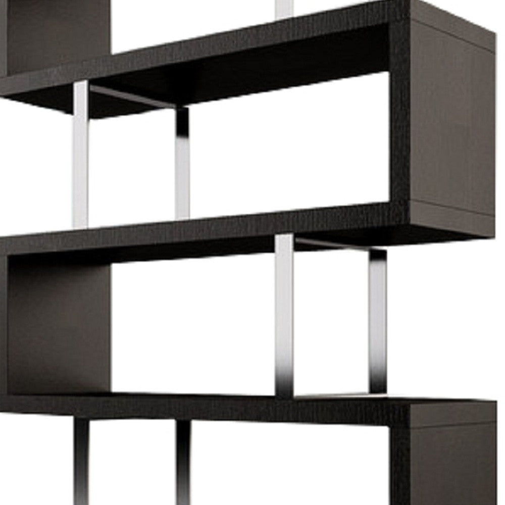 67" Espresso And Silver Metal and Wood Three Tier Etagere Bookcase