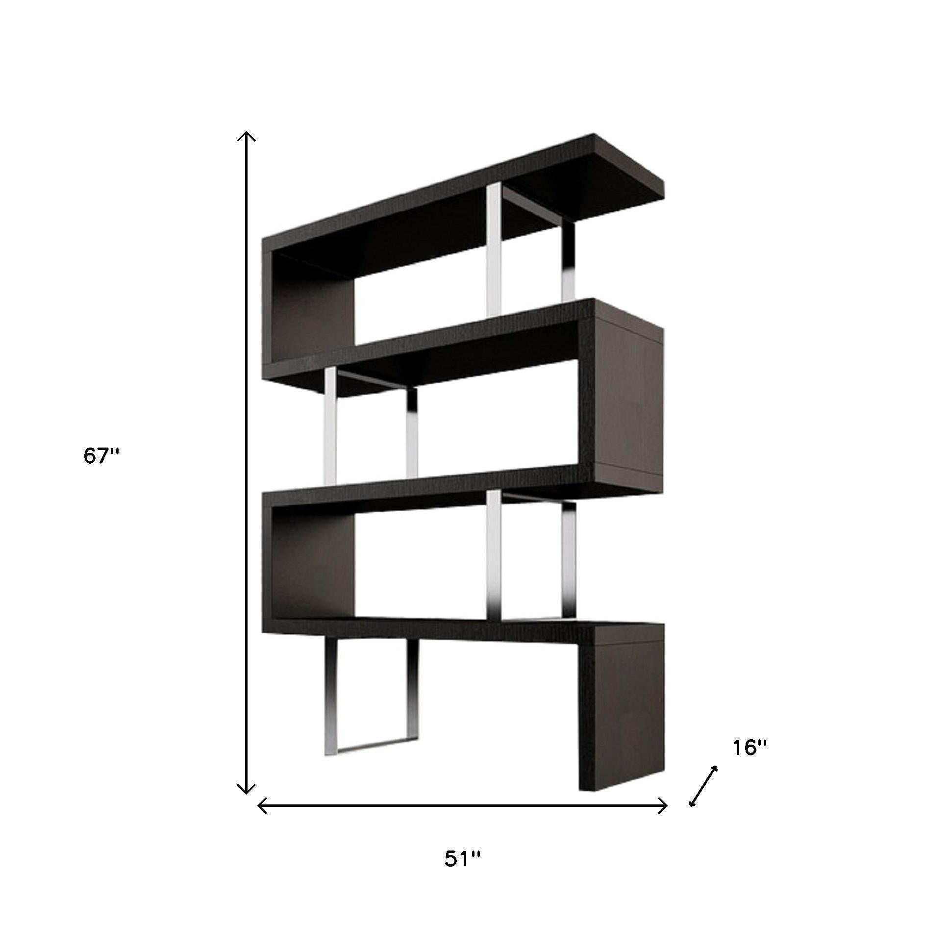 67" Espresso And Silver Metal and Wood Three Tier Etagere Bookcase
