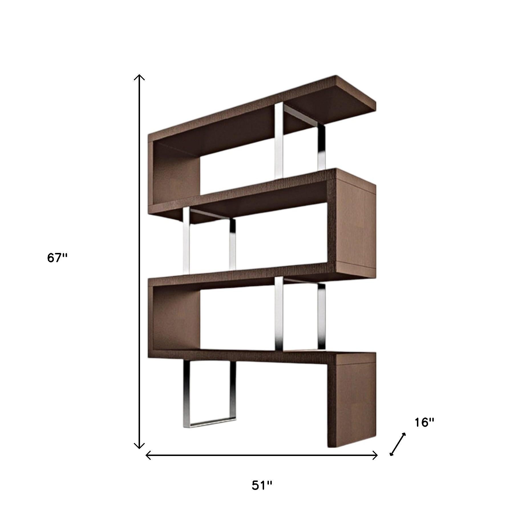 67" Brown And Silver Metal and Wood Three Tier Etagere Bookcase