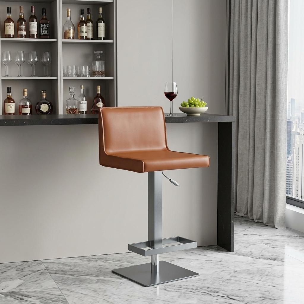 Orange and Black Faux Leather and Metal Low Back Adjustable Height Bar Chair