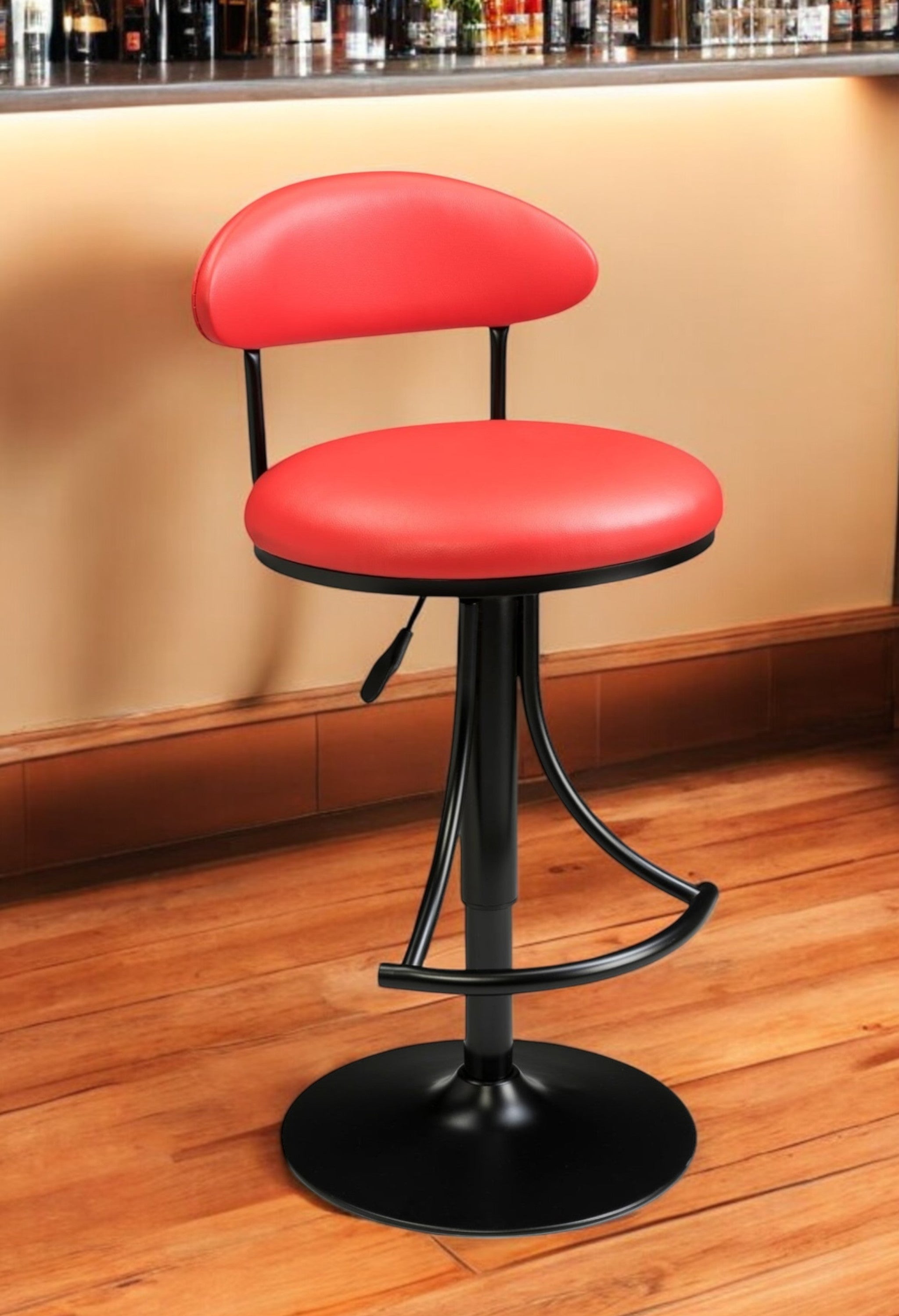 Red and Black Velvet and Metal Low Back Adjustable Height Bar Chair