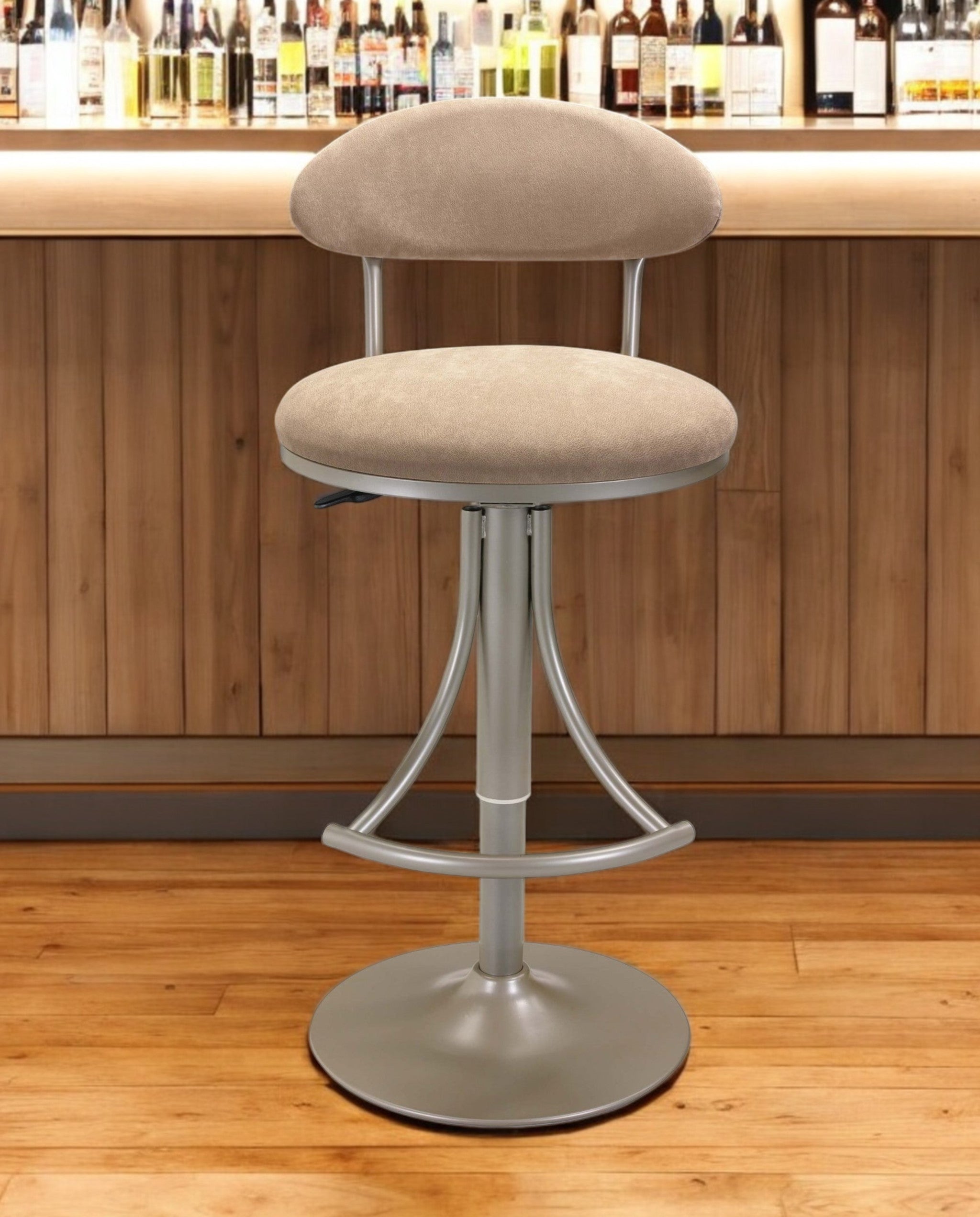 Brown and Silver Velvet and Metal Low Back Adjustable Height Bar Chair